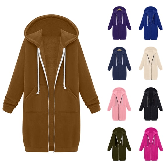 Patlollav Winter Womens Jackets Long Sleeve Solid Color Thickening And Fleece Casual Zipper Pocket Hooded Long Sweater
