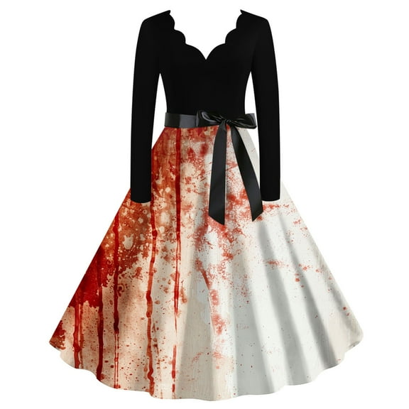 Patlollav Winter Womens Long Sleeve Dresses Halloween Printed Casual V Neck Party Dresses