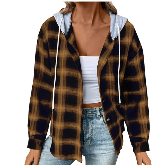 Patlollav Winter Womens Pocket Coat Casual Mid-Length Plaid Shirt Long Sleeve Hooded Casual Coat/Jacket