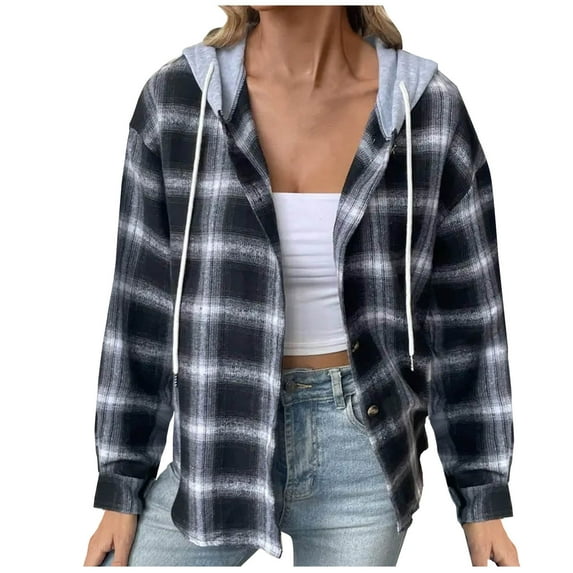 Patlollav Winter Womens Pocket Coat Casual Mid-Length Plaid Shirt Long Sleeve Hooded Casual Coat/Jacket