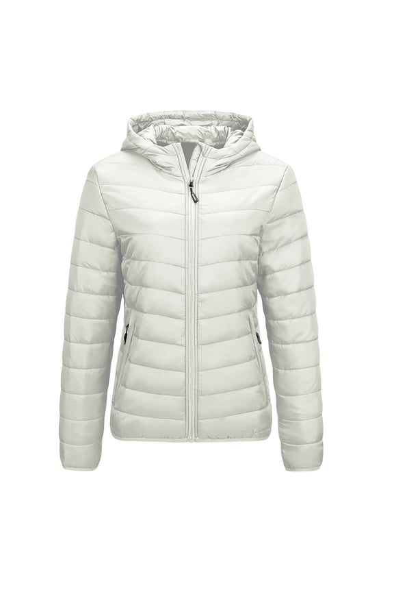 Winter Womens Puffer Jacket Long Sleeve Hooded Zip Up Quilted Lightweight Down Coat with Pockets