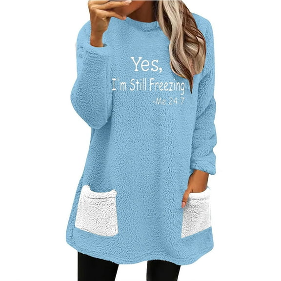 Patlollav Winter Womens Round-Neck Loose Solid Pocket Warm Long Sleeve Blouse Tops