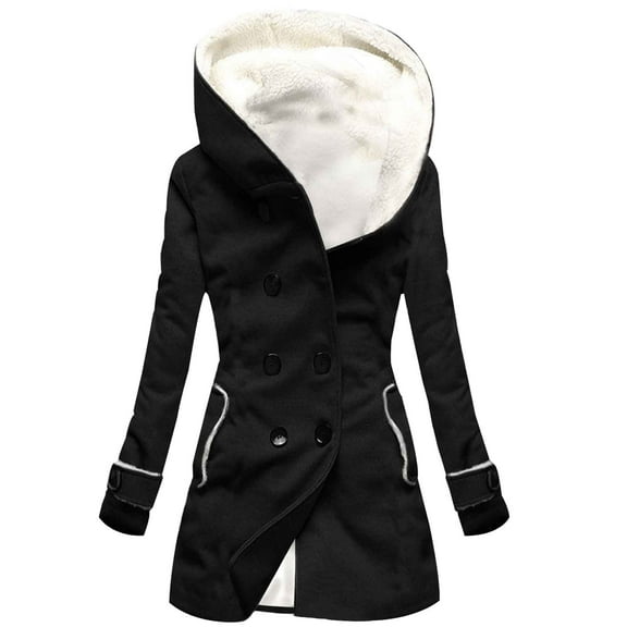 Patlollav Winter Womens Velvet Coats Double Breasted Hooded Solid Color Mid Length Temperament Commuting Jacket