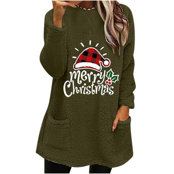 Patlollav Woman Tops for Christmas,Women's Winter Tops Round-Neck Loose Pocket Warm Long Sleeve Blouse Gift