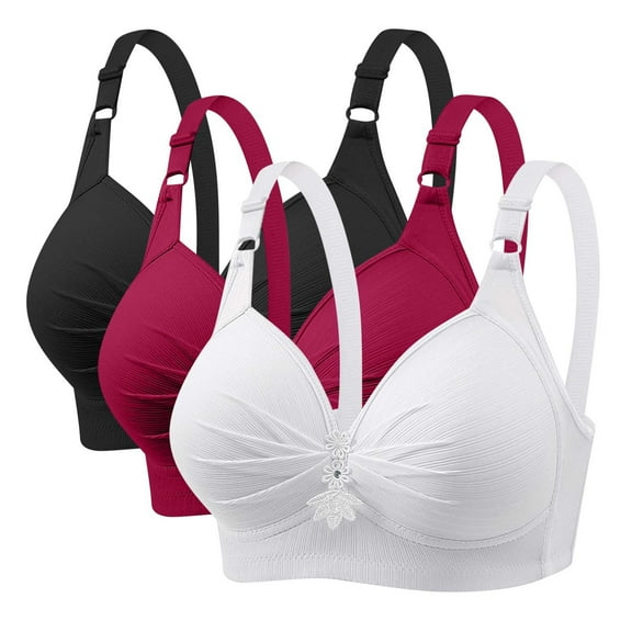 Patlollav Womans Black + White + Burgundy 3Pcs Bras Plus Size Daily Bra Underwear No Rims