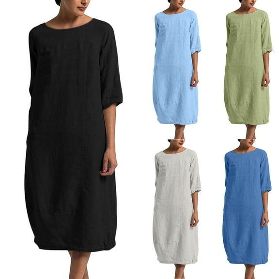 Patlollav Womans Long Dresses Fashion Round Neck Loose Short Sleeve Solid Mid-Calf Dress