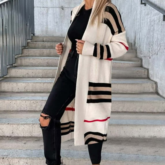 Patlollav Women Cardigan Tops Winter Striped Casual Long Sleeve Long Sweater Coat
