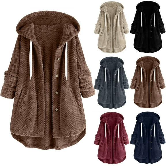 Patlollav Women Casual Button Jacket Pockets Long Sleeve Hooded Tops Winter Plain Coat
