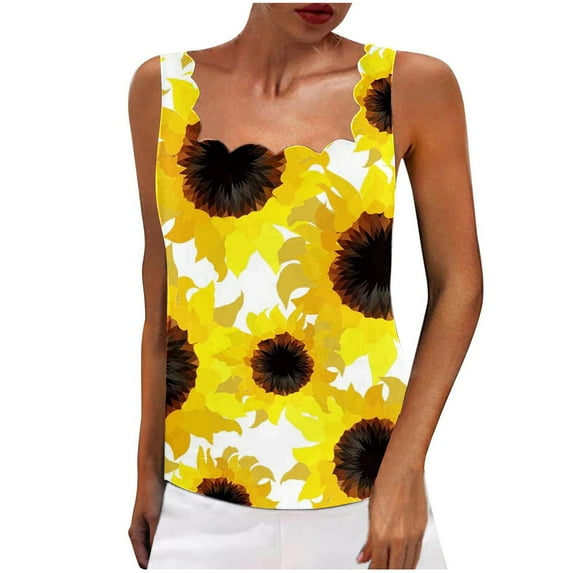 Patlollav Women Casual Print Square Collar Sleeveless Tops Shirt