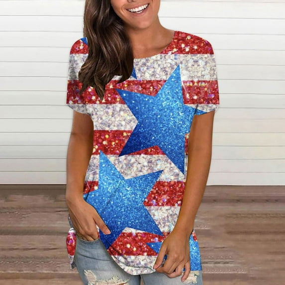 Patlollav Women Clothes,Womens Independence Day Summer Round-Neck T-Shirt Print Short Sleeve Tops