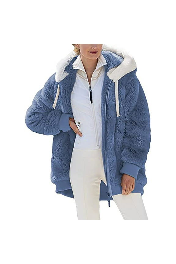 Women Coat Plus Size Winter Warm Loose Plush Zip Hooded Jacket Coats