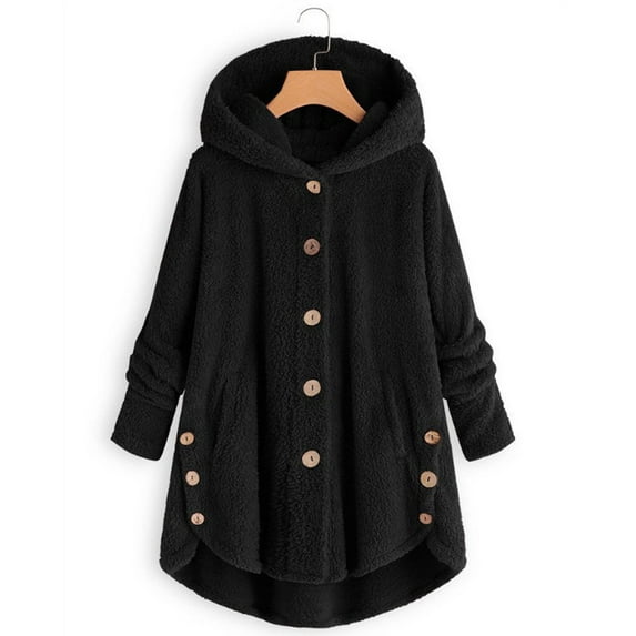 Patlollav Women Coats Plus Size Button Plush Tops Hooded Loose Cardigan Wool Outwear Winter Jacket