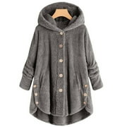 PATLOLLAV Women Coats Plus Size Button Plush Tops Hooded Loose Cardigan Wool Outwear Winter Jacket