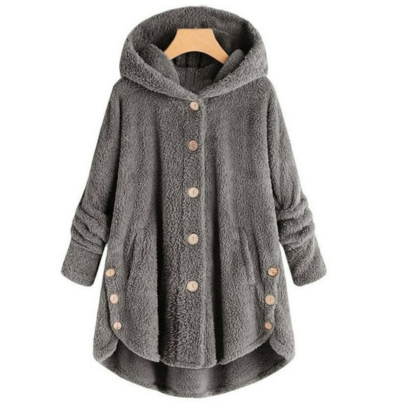 Patlollav Women Coats Plus Size Button Plush Tops Hooded Loose Cardigan Wool Outwear Winter Jacket