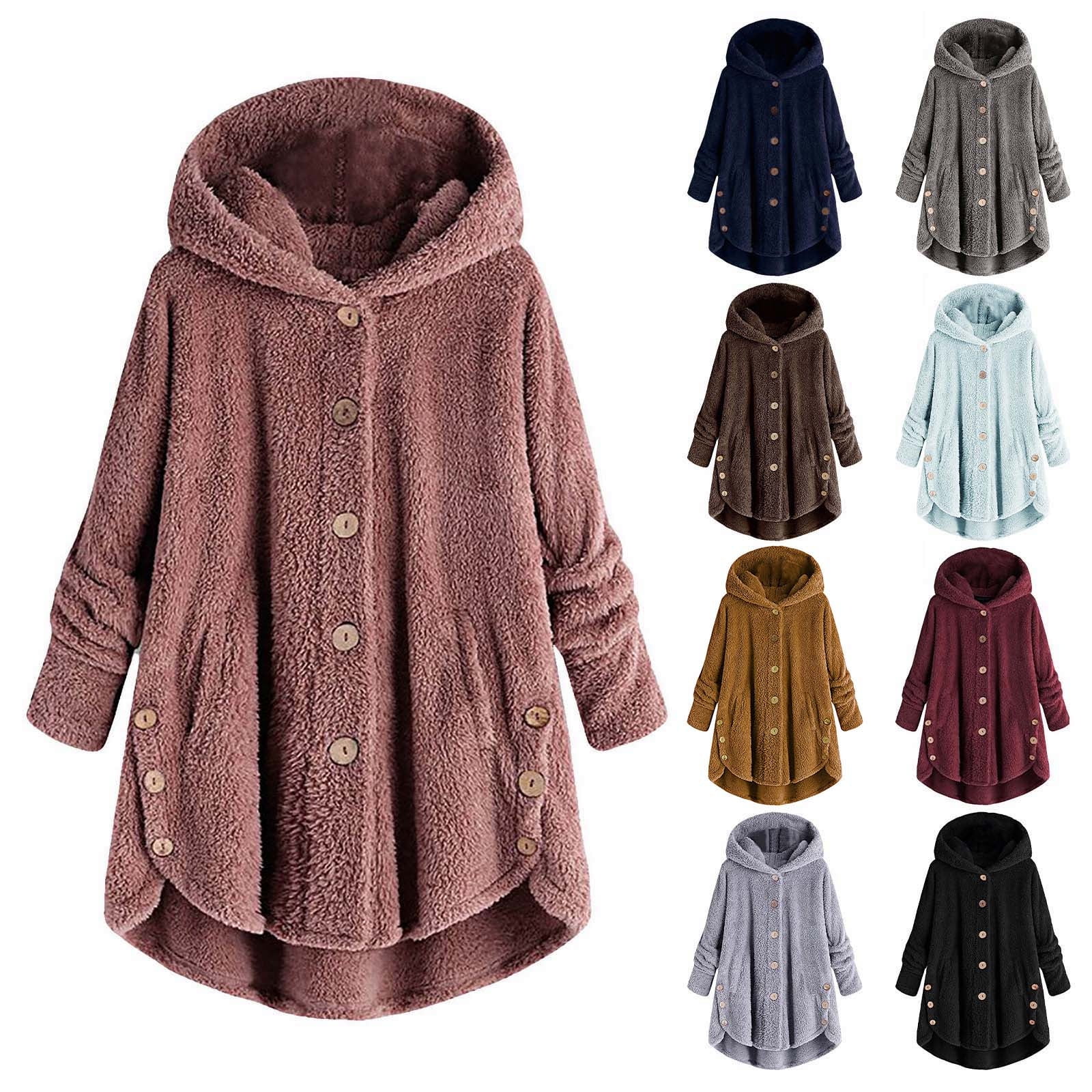 Patlollav Womens Coat Plus Size Clearance Button Plush Tops Hooded ...
