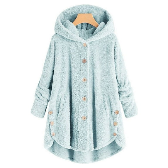 Patlollav Women Coats Plus Size Button Plush Tops Hooded Loose Cardigan Wool Outwear Winter Jacket