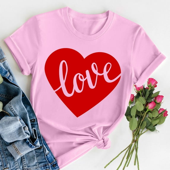 Patlollav Women Crewneck Valentine's Day Print T-shirt Comfortable Female Blouses Tops