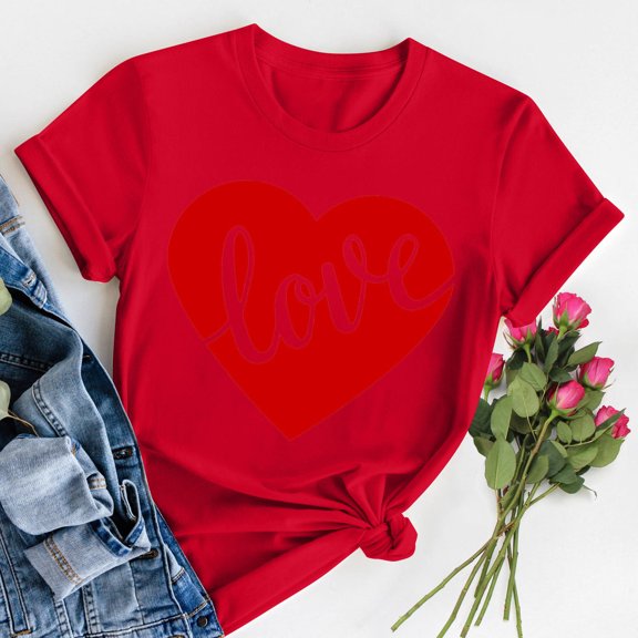 Patlollav Women Crewneck Valentine's Day Print T-shirt Comfortable Female Blouses Tops