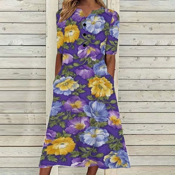 Patlollav Women Dresses Casual Short Sleeve V-Neck 95% Polyester 5% Spandex Loose Dress