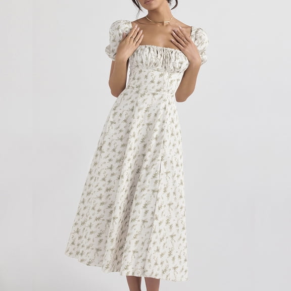 Patlollav Women Dresses Sexy Slim Printed Casual Short Sleeve Square Neck Ankle Dress