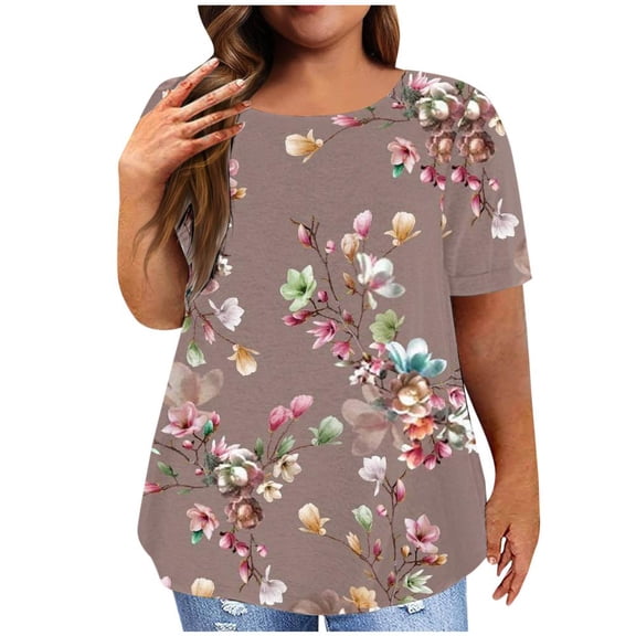 Patlollav Women Floral Plus Size Tops Casual Loose Crewneck Short Sleeve T-Shirts 2024 Summer Going Out Shirt Blouses