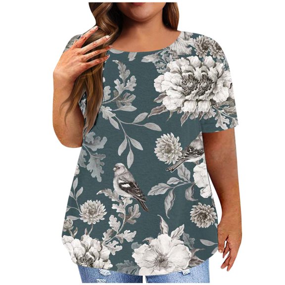 Patlollav Women Floral Plus Size Tops Casual Loose Crewneck Short Sleeve T-Shirts 2024 Summer Going Out Shirt Blouses