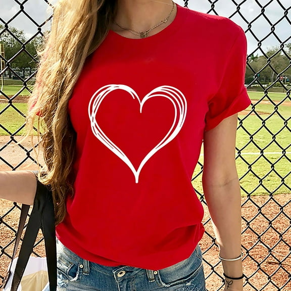 Patlollav Women Girls Plus Size Tops Short Sleeve Heart Print Tees T Shirt Blouse