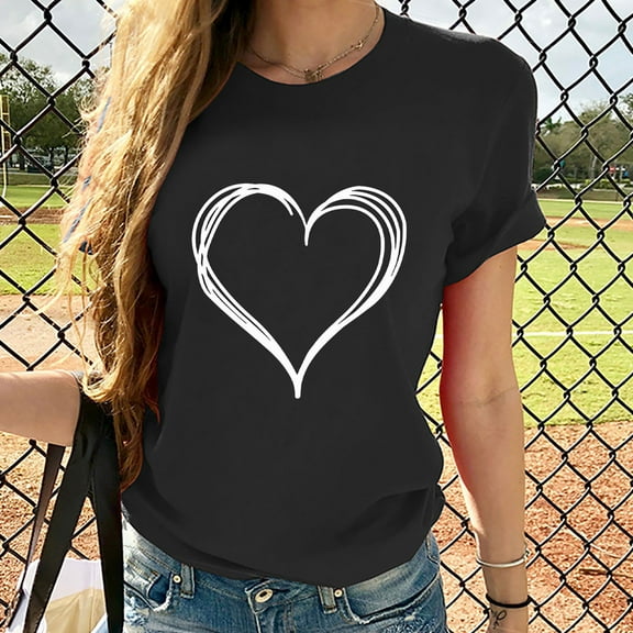 Patlollav Women Girls Plus Size Tops Short Sleeve Heart Print Tees T Shirt Blouse