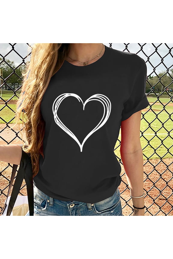 Patlollav Women Girls Plus Size Tops Short Sleeve Heart Print Tees T Shirt Blouse