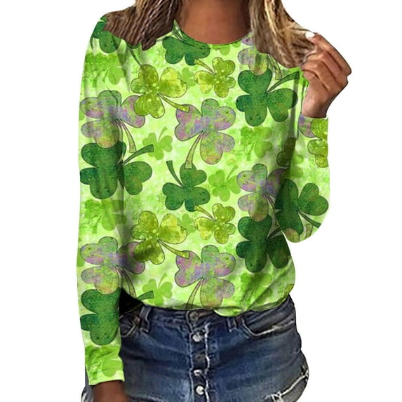 Patlollav Women Long Sleeve T-Shirts Casual St. Patrick Print Crewneck Pullover Tops