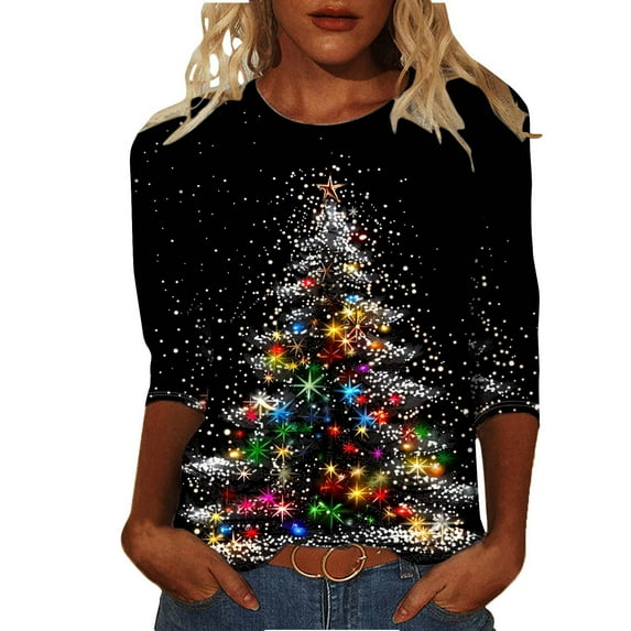 Patlollav Women Long Sleeve Tunic Tops Floral Casual Shirts Christmas Tree Print Pullover Blouse