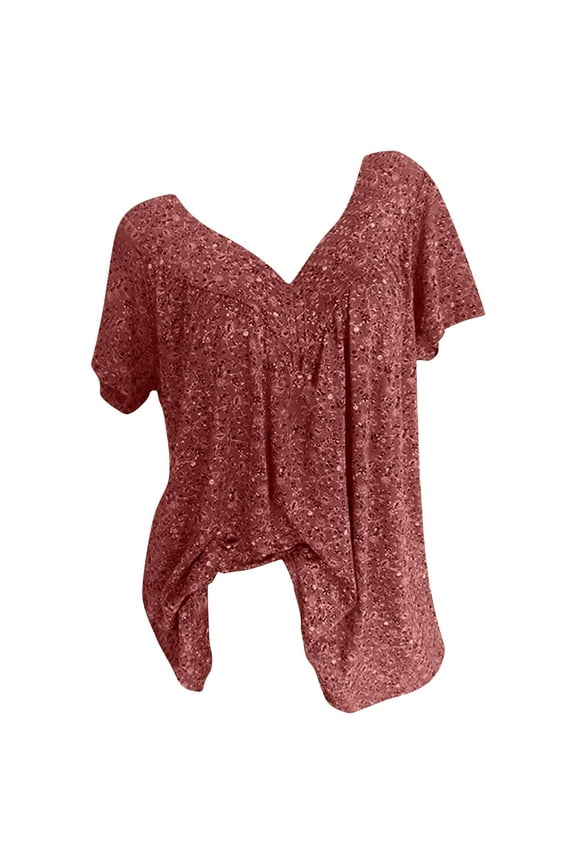 Flash Picks Women Plus Size Shirts V-Neck Print Pullover Tops Short Sleeve Blouses