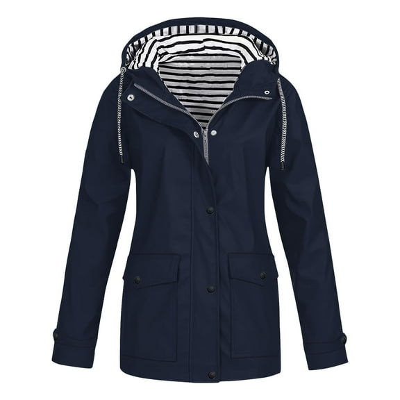 Patlollav Women Plus Size Solid Jackets OutdoorDrawstring Zipper Hooded Raincoat Windproof Coat With Pocket