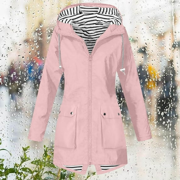 Patlollav Women Rain Jackets Solid Color Outdoor Hooded Windproof Loose with Pocket Coat