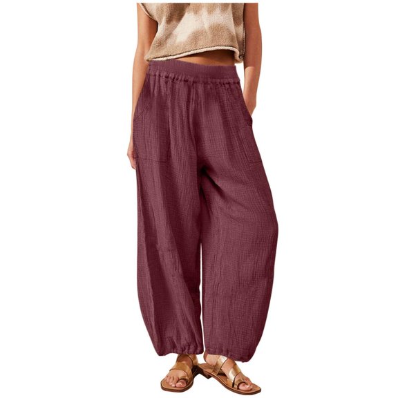 Patlollav Women'S Summer Fashionable Elastic Waist Wide Leg Trousers Cotton Linen Palazzo Pants with Pockets