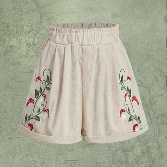 Patlollav Women'S Wide Leg Shorts Solid Color Printed Loose Elastic Band Casual Corduroy Shorts