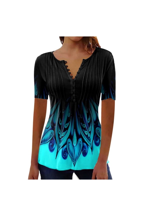 Otvok Women's Summer Tunic Tops Blouses Short Sleeve Floral V Neck Pleated Button Henley Office Shirts