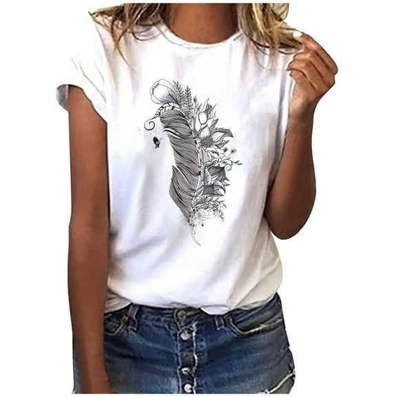 Patlollav Women Short Sleeve T-Shirt Feather Print Casual Top Tee Blouse