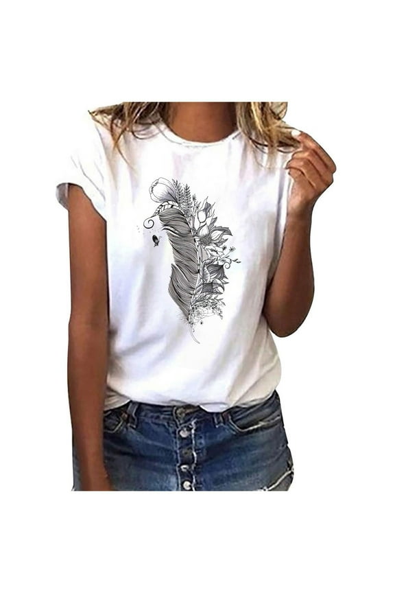 Women Short Sleeve T-Shirt Feather Print Casual Top Tee Blouse