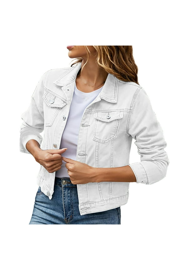 Women Solid Denim Jacket Long Sleeve Slimming Cardigan Pocket Coat Tops on Ladies