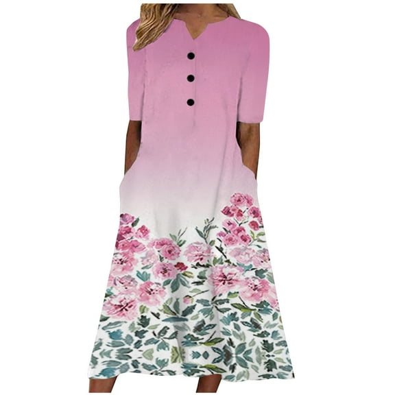 Patlollav Women Summer Dresses Casual Short Sleeve V-Neck Print Loose Dress