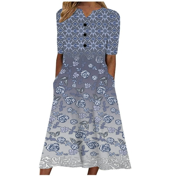 Patlollav Women Summer Dresses Fashion Casual Short Sleeve V-Neck Print Loose Dress