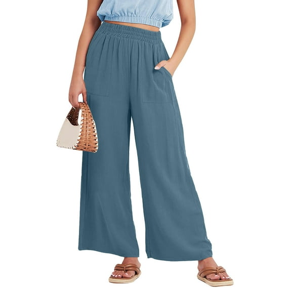 Patlollav Women Summer High Waisted Cotton Linen Palazzo Pants Wide Leg Long Lounge Pant Trousers with Pocket