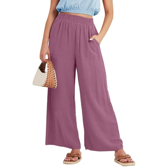 Patlollav Women Summer High Waisted Cotton Linen Palazzo Pants Wide Leg Long Lounge Pant Trousers with Pocket