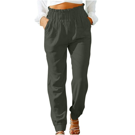 Patlollav Women Summer Pants Casual Loose Cotton And Linen Pocket Solid Trousers