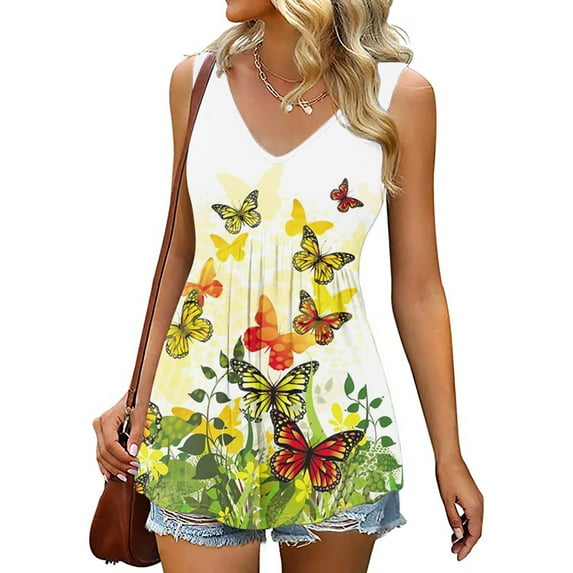 Patlollav Women Summer Sexy Fold Print Regular Lace Sleeveless V Neck Button Tops