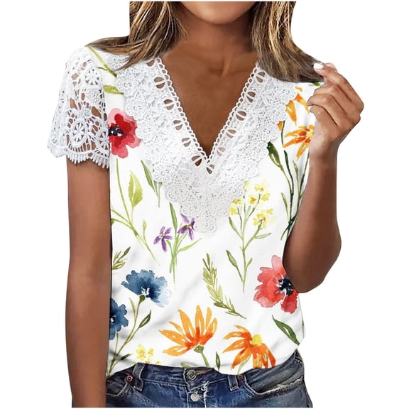 Patlollav Women Summer Sexy Fold Print Regular Short Sleeve V Neck Button Top