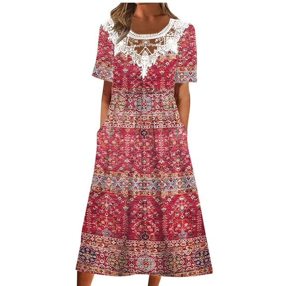 Patlollav Women Summer Solid Color Causal Round Neck Short Sleeve Vacation Dress