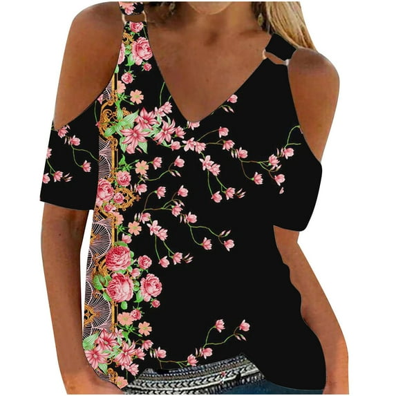 Patlollav Women Summer T Shirt Cold Shoulder Pullover Blouse V Neck Short Sleeve Tops