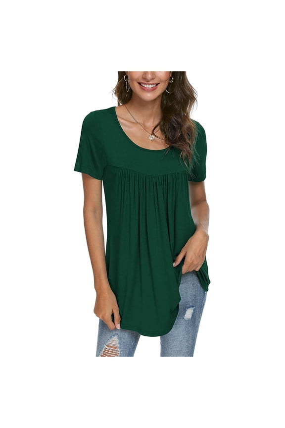 Women Summer Tops Solid Pleated Round-Neck Blouses T-Shirt